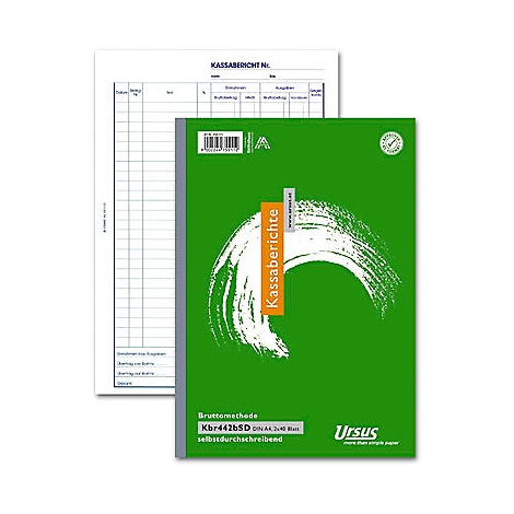 Cahier de caisse vert avec motif coup de pinceau blanc. Au-dessus se trouve une feuille lignée.