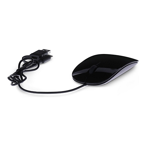Souris d'ordinateur noire avec câble et connecteur USB, isolée sur fond blanc.