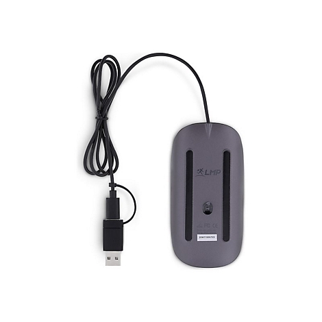 Souris grise et plate avec câble USB. Le dessous est visible, avec le logo LMP, les marquages FCC et le numéro de série.