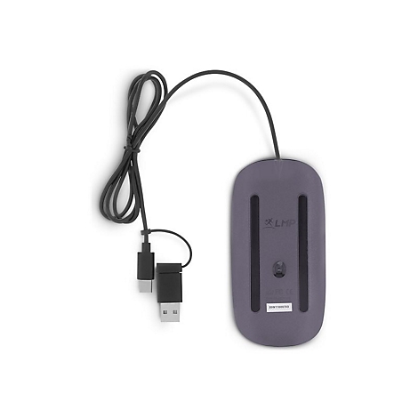 Souris sans fil, dessous, grise. Avec logo, connecteur USB-C et USB-A.