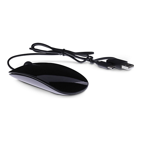 Schwarze Computermaus mit USB- und USB-C-Anschlüssen, auf weißem Hintergrund.