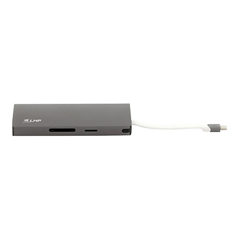 Grauer USB-C-Hub, mit SD-Kartenleser, weiÃŸem Kabel und Stecker.