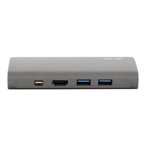 Grauer USB-Hub mit mehreren AnschlÃ¼ssen: USB, HDMI und Mini-USB. Der Hintergrund ist weiÃŸ.