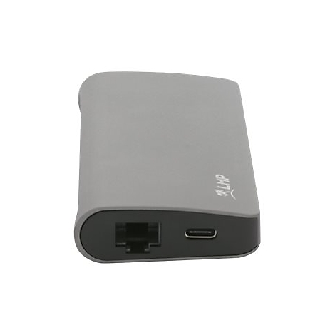 Grauer, abgerundeter Adapter mit Ethernet- und USB-C-AnschlÃ¼ssen; LMP-Logo.