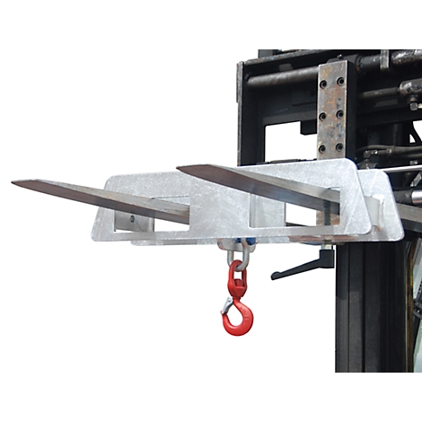Forklift attachment with two prongs, with a red hook below.