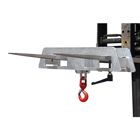 Forklift attachment with hook and two forks, metal construction.