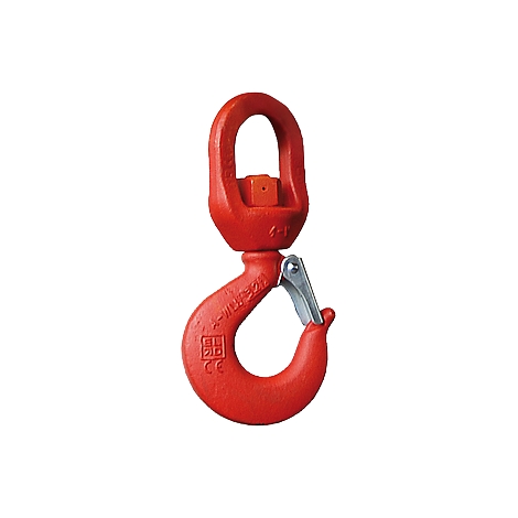 Red hook with swivel, silver closure and CE marking.