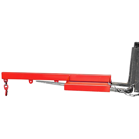 A red forklift fork attachment with chain and hook.
