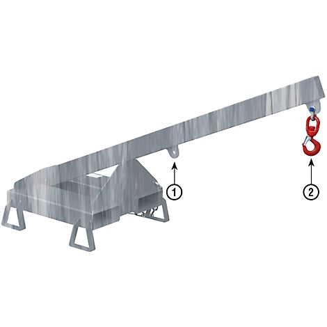 Gray lifting device with a red hook. Arrows mark details.