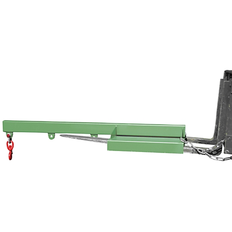 A green device with hooks and chains, against a white background. It has an elongated, rectangular shape with a red hook at one end.