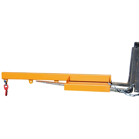 Yellow forklift attachment with red hook on a white background.