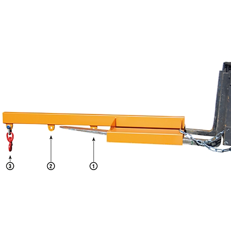 Yellow forklift arm with red hook. Arrows point to parts.