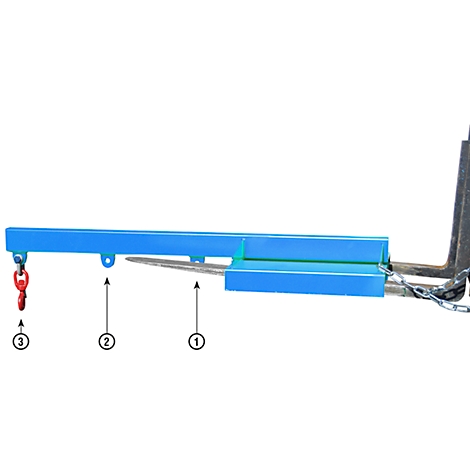 Blue forklift attachment with red hook. Includes chain for attachment.