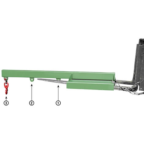 Green forklift arm with red hook and silver chain. Arrows highlight components.