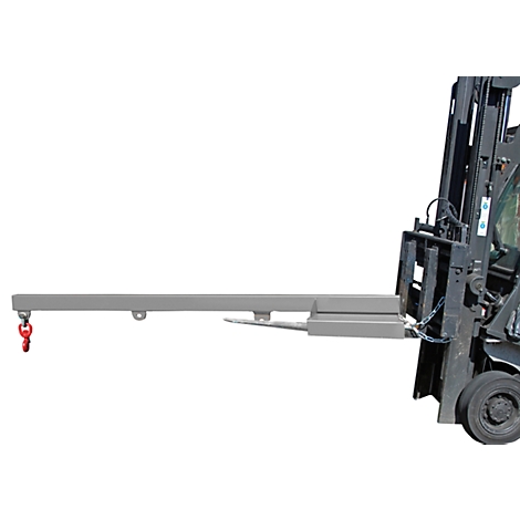 Forklift with an extension arm and a red hook. The construction is grey and in front of a white background.