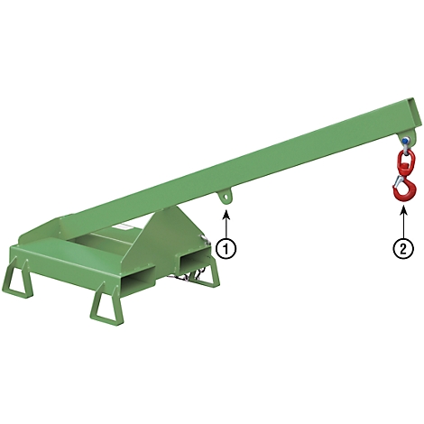 Green lifting device with red hook to lift objects.