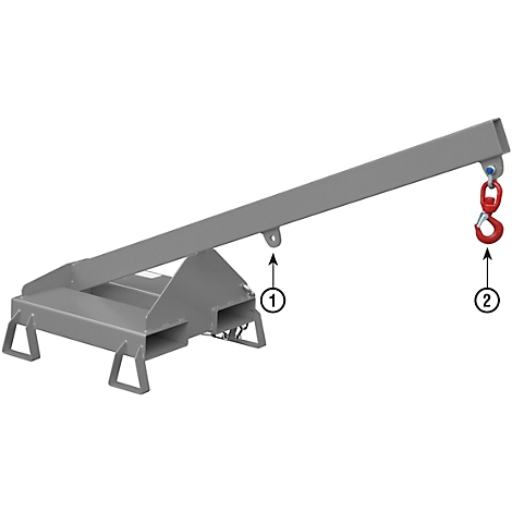 Grey lifting device with red hook, front view.