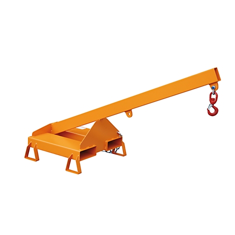 Orange lifting arm with red hook on a white background.