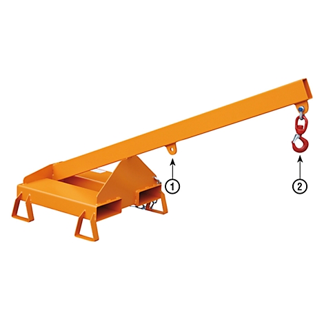 Orange crane arm with a red hook. The construction is metallic and sturdy.