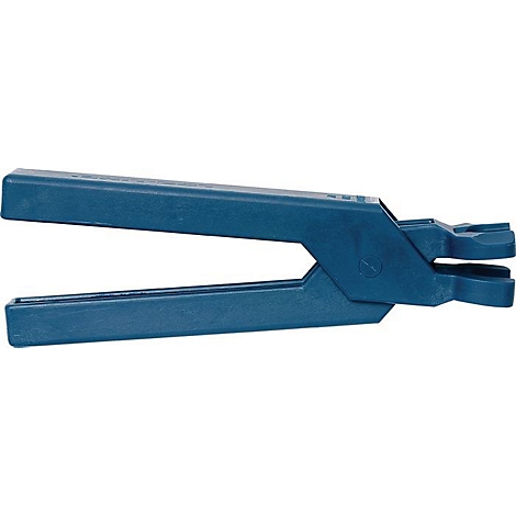 Blauwe, tangachtige klem voor kabelbinders met schuine handgrepen.
