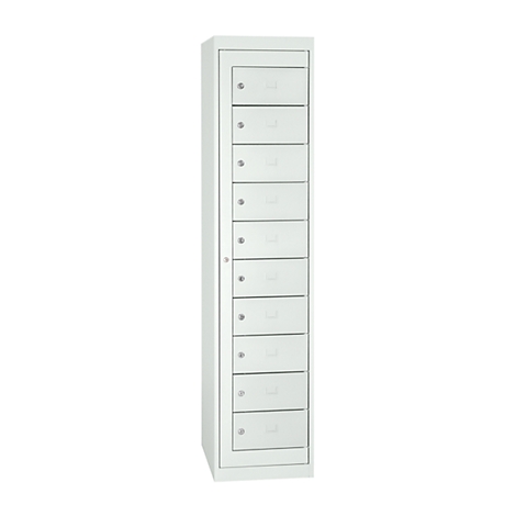 Tall white cabinet with ten lockable compartments. Each compartment has a small lock and a rectangular recess.