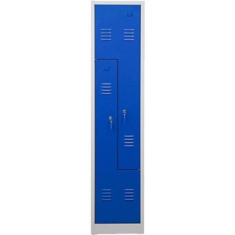 Blue locker with two compartments, ventilation slots and keyholes.