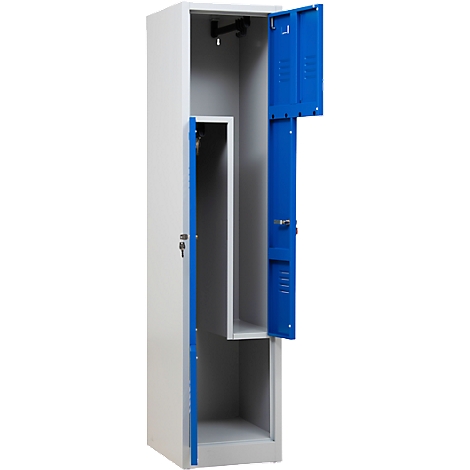 A two-tone locker with open, blue door.