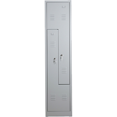 Grey locker with two doors, two keyholes, and ventilation slots.