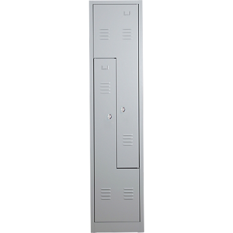 Gray locker with two doors. Ventilation slots and silver knobs.