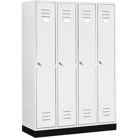 White locker with four doors, featuring ventilation slots and handles. Black base.