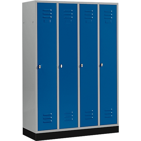 A blue locker with four doors. Each door has a handle and ventilation slots.