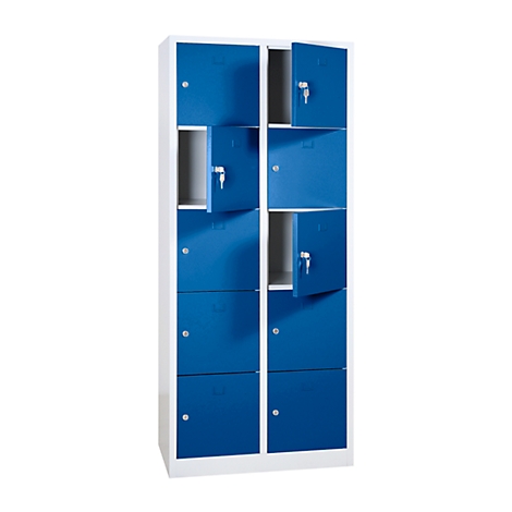 A blue locker with eight doors, some open. The doors are blue, the frame white.