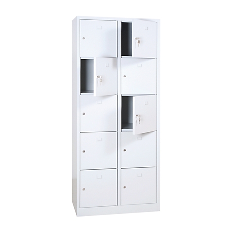 White locker with multiple doors, some open, keys in the locks.