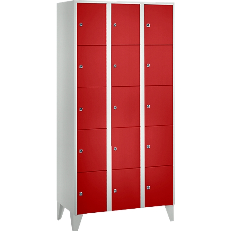 Red locker with white accents and silver handles. Nine compartments. On white legs.