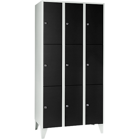 Black locker with six compartments; white frames and legs.