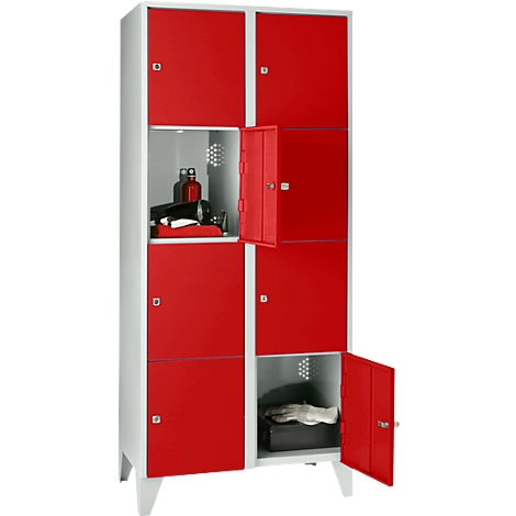 Red locker, two doors open. Items inside. Gray frame.