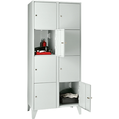 Grey locker with open doors, some compartments filled with items.