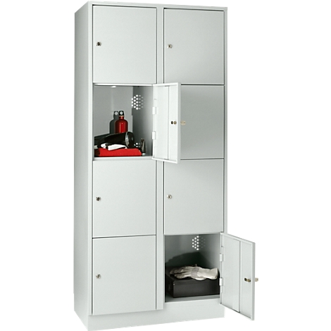 Cabinet with eight compartments, two doors open, one compartment with objects, another compartment with gloves.