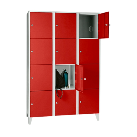 Red lockers with open doors. Some contain items. White frames.