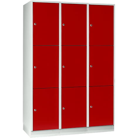 Red locker with nine compartments, white frame, and silver handles.