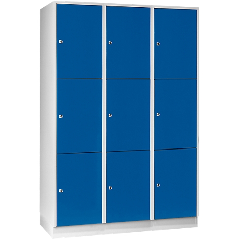 Nine blue locker doors with silver handles. The cabinet walls are white.