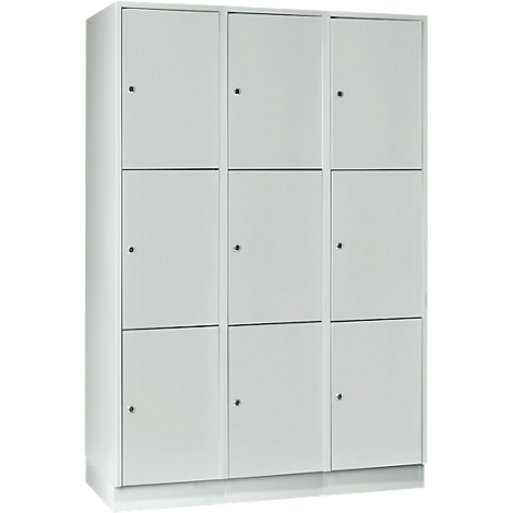 Nine gray cabinet compartments, with small knobs and a rectangular shape.