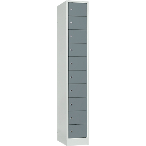 Tall, narrow locker cabinet. Grey doors with knobs, white frame.