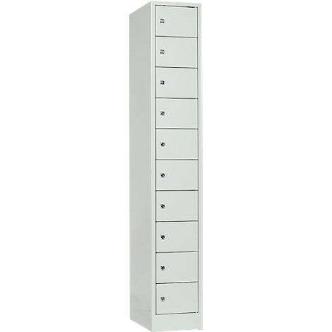 Grey cabinet with 10 compartments with round knobs and engraved numbers.