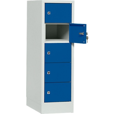 Cabinet with blue doors. One door is open, showing a view inside.