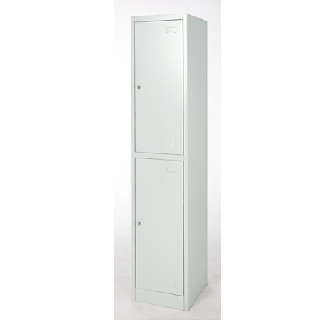 A two-door gray cabinet with a key on each door, against a white background.