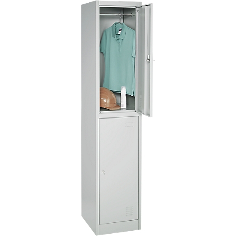 White metal locker with open upper door. Inside: shirt, helmet, spray can.