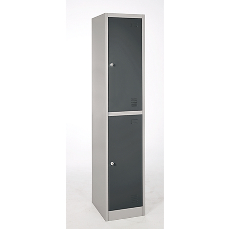 Grey locker with two doors. The doors are anthracite and have small ventilation slots.