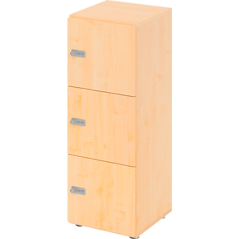 Light brown wooden filing cabinet with three drawers and silver handles.