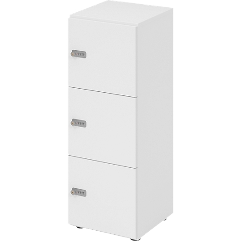 White cabinet with three drawers. Each has a silver handle with lettering.